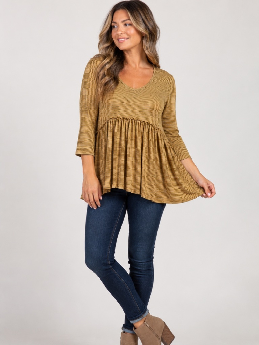 Lime N Chili Mustard Black Striped Babydoll Peplum Top 3/4 Sleeve Large